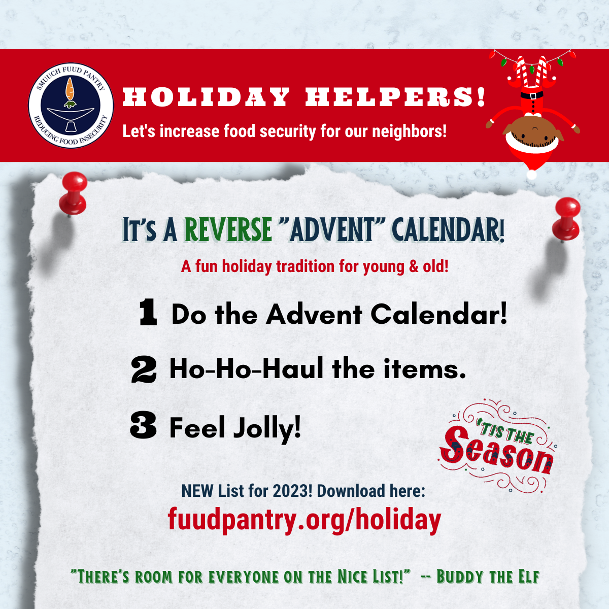 Use the Reverse Advent Calendar to Shop for the Food Pantry this holiday Season!